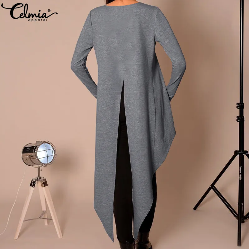 Celmia 2019 Women Vintage Long Sleeve Blouse Ladies Back Split Tunic Tops Casual Loose O-Neck Shirt Plus Size Irregular Vestidos