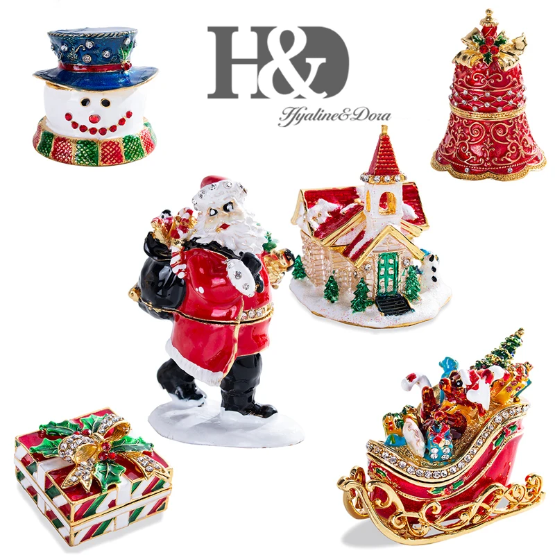 H& D 6 стилей, ручная роспись, коробки для безделушек, статуэтка, украшенная камнями, Санта Клаус, медведь, сани, Рождественский узор, шарнирная коробка для ювелирных изделий, Рождественский подарок