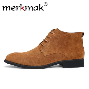 

Merkmak Winter Solid Men Boots Warm Ankle Fur Plush Formal Leather Boots Man Outdoor Comfortable Casual Male Dress Shoes Flats