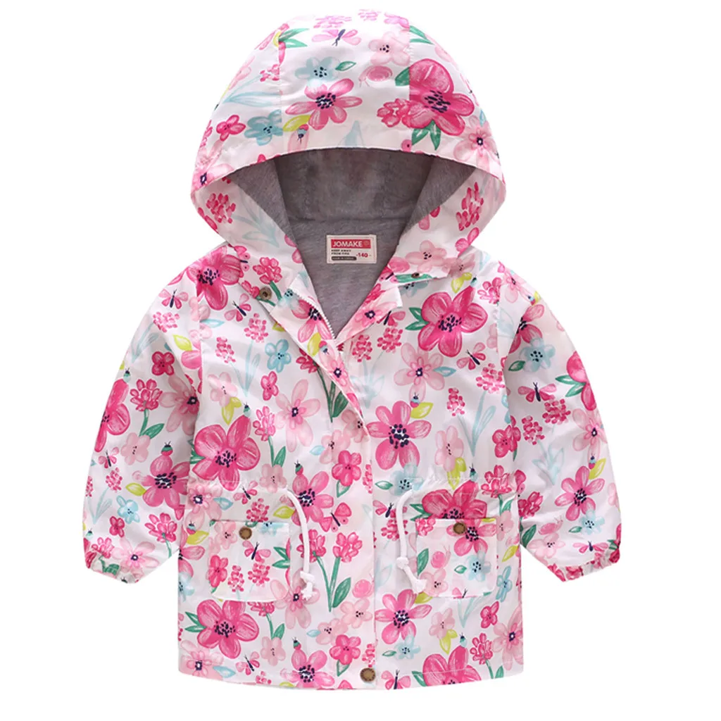 Ветрозащитная Детская куртка с цветочным принтом верхняя одежда с капюшоном для детей 2, 3, 4, 5, 6, 7, 8 лет Повседневная ветровка для девочек, одежда для мальчиков