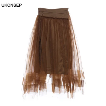 

Casual Patchwork Mesh Women Skirts High Waist Asymmetrical Ruffles Skirt For Female Fashion 2020 Summer Clothing Tide