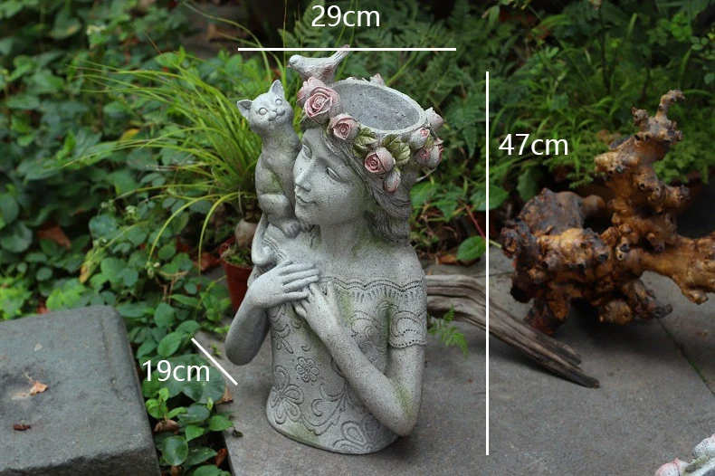 Аксессуары для домашнего декора двора кошка стоит у девушки на плече статуя девушки садовая скульптура цветочный горшок - Цвет: A