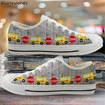 

ELVISWORDS Yellow School Bus Print Canvas Flats Women Low Top Vulcanized Shoes Female Breathable Mesh Autumn Sneakers Footwear
