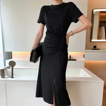 

Women dress spring/summer 2020 new Pleated short sleeve split Solid color Temperament Lady midi dress