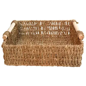 

Straw Basket Wooden Handle Table Simple Storage Basket for Sundries Cosmetics Key (Large Size 29x29x9cm)
