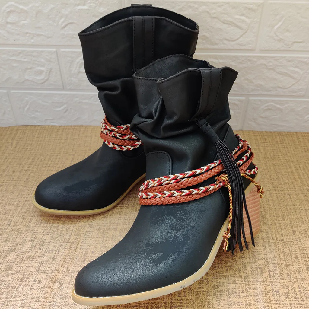 Gladiator Women's Rome Motorcycle Boots Winter Wide Calf Leather Short Boot Vintage Female Western High Heel Cowboy Shoes Tassel