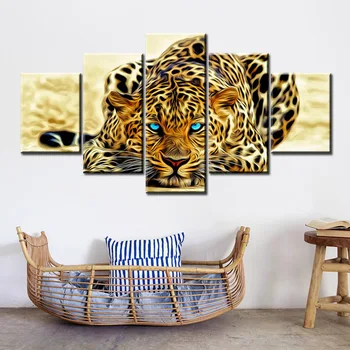 

5 Panels Digital HD Print Leopard Watching for Prey Animal Abstract Oil Painting on Canvas Wall Art Picture for Living Room Sofa