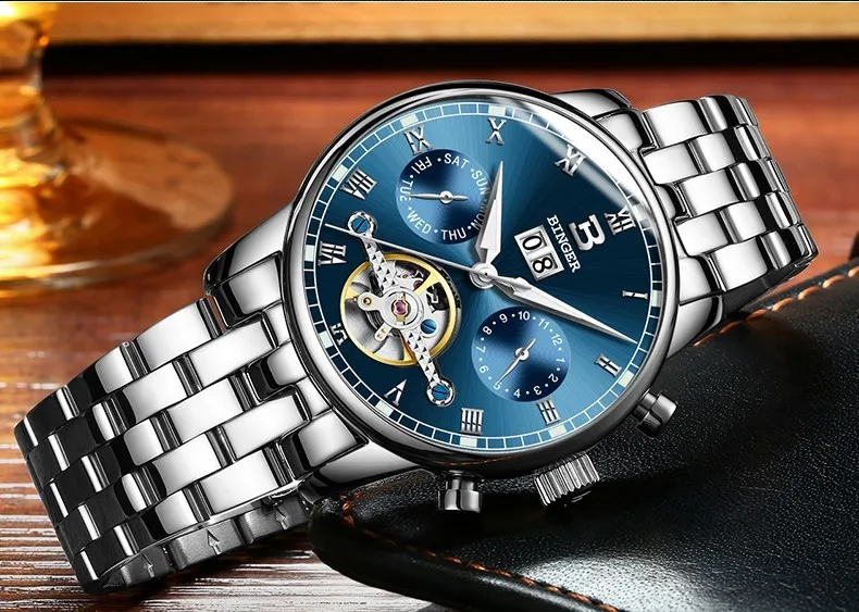 Швейцарские Бингер мужские часы люксовый бренд Tourbillon fulll нержавеющая сталь водонепроницаемые часы Механические наручные часы B-8604
