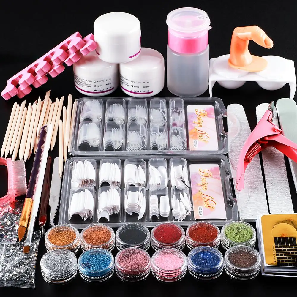 

Full Acrylic Powder Nail Art Tool Starter Kit/Set Nail Tips Brush File Form DIY Kit For Beginners Nail Glitter Powder Manicure