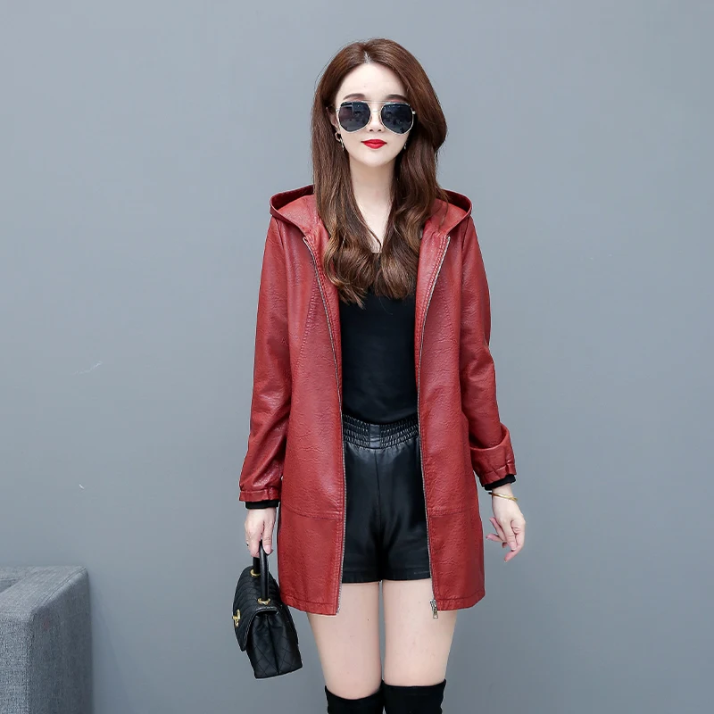 

Leather Jacket Women 2021 Coat Women Faux Leather Jacket Motorbike PU Coats Outerwear Hooded Zipper Long Ladies Coat