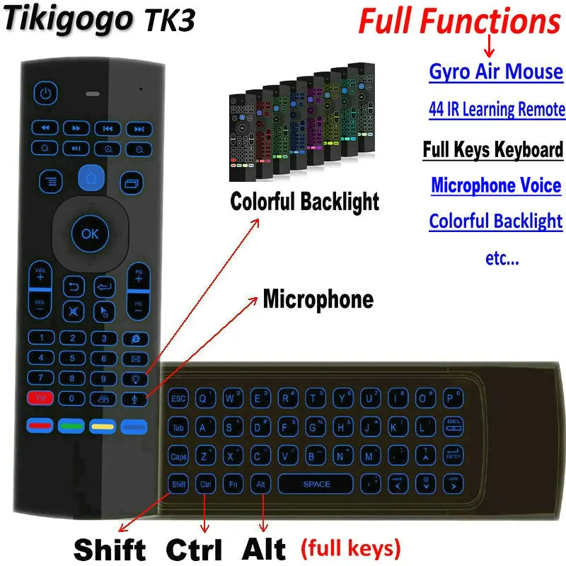 Микрофон с подсветкой Tikigogo TK3 2 4G Air Mouse Мини Клавиатура 44 IR Learning для Android Smart TV Box PK MX3