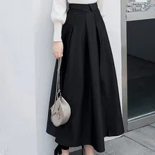 Модная длинная винтажная плиссированная трапециевидная юбка с завышенной талией Женская S-2XL Всесезонная черная юбка высокого качества