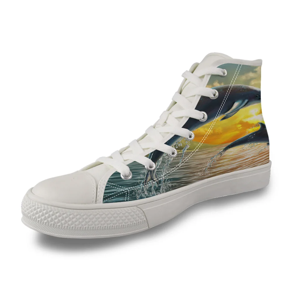 

Sunset Scenery Dolphin Jumps Out Of The Sea High Top White Canvas Vulcanized Breathable Shoes