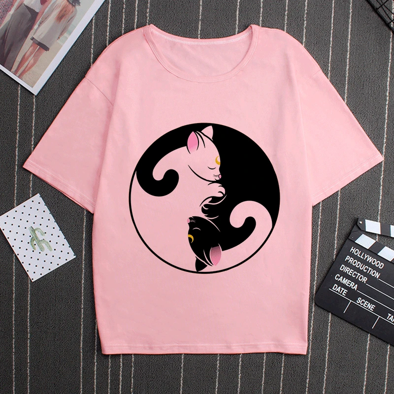 Sailor Moon 90s Funny Pink T Shirt Harajuku Clothes Tshirt Aesthetic Cat Anime Vogue T-shirt Kawaii Graphic Tees Ullzang Women