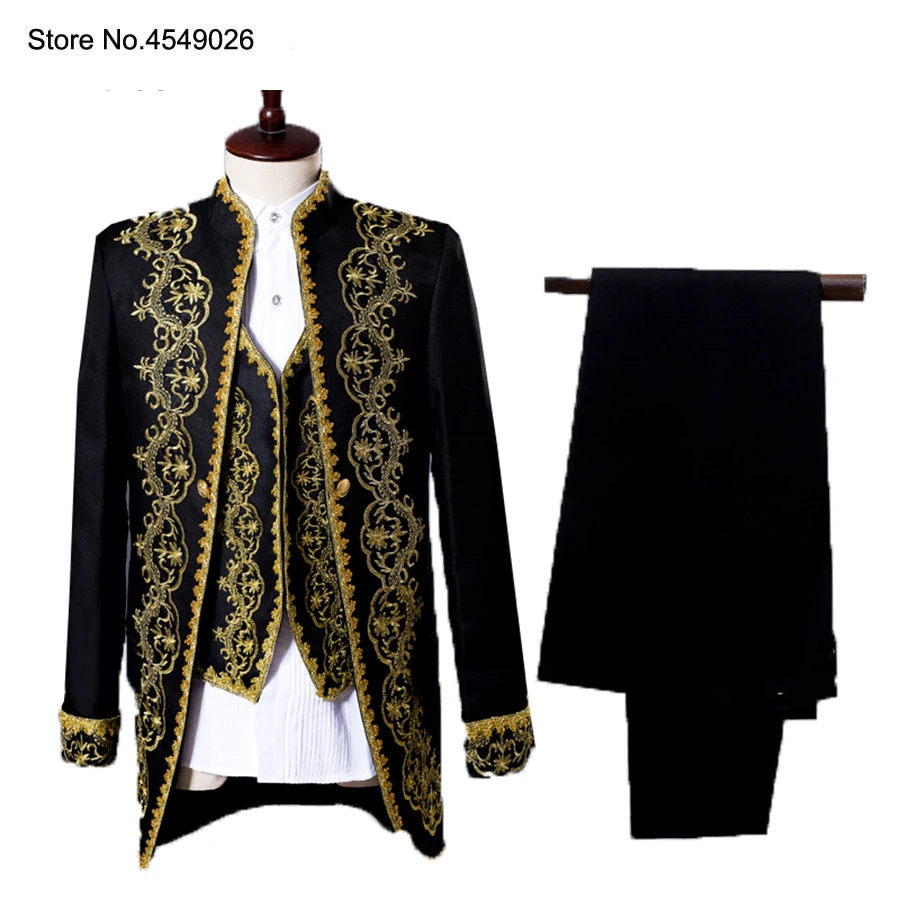 

Mens Classic 3 Piece Set Embroidery Palace Stage Singer Wedding Suit Jacket Blazer Latest Coat Pant White Black Colors