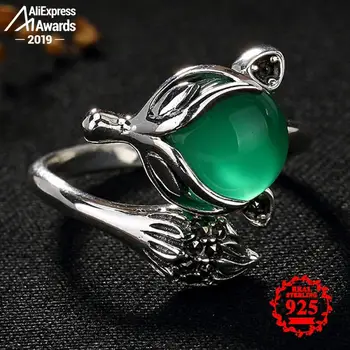 

S925 Fine Antique shop Rings Emerald Luxury Taste Art Fox Animal Handmade Vintage Natural Chalcedony moldavite peridot