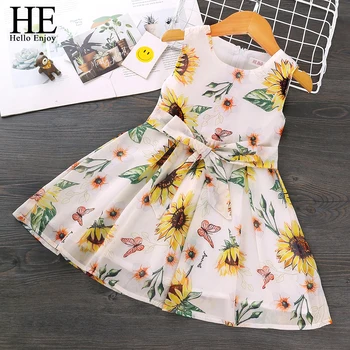 

HE Hello Enjoy Girls Summer Dresses Kid Clothes 2020 New Casual Sleeveless Printed Sunflower Pattern Floral Print Children Dress