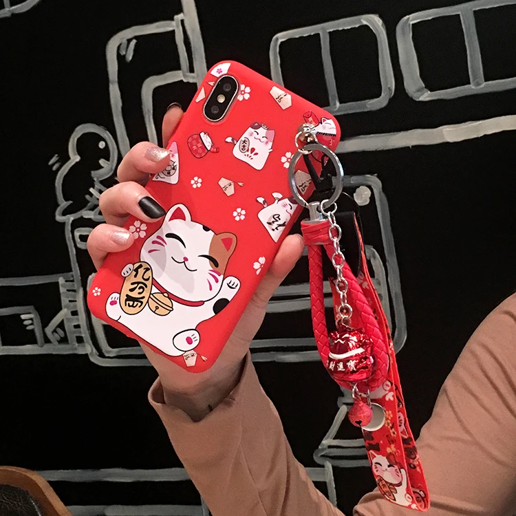 For iPhone 11 pro Max Cute Lucky Cat Case, Fortune Cat back Case cover For iPhone X XS Max XR 6 7 8plus Maneki Neko Shell+Straps - Цвет: As shown in