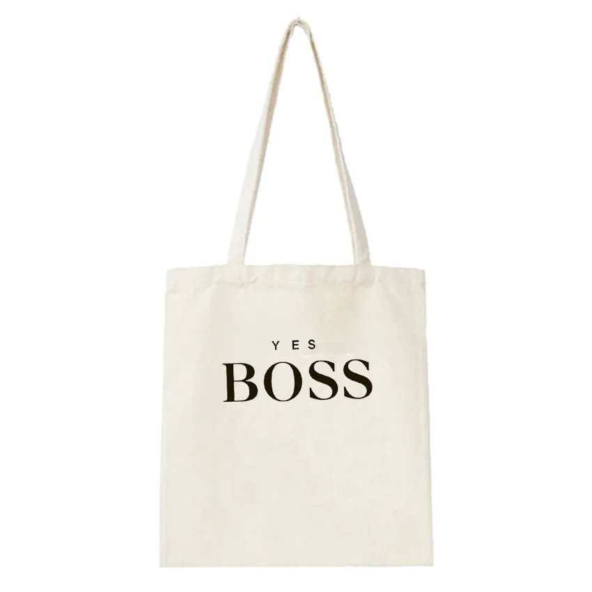 

Yes Boss Letter Print Shopping Bag Women Canvas Tote Bag Handbag Female School Trval Package Bags White Shopper Bag