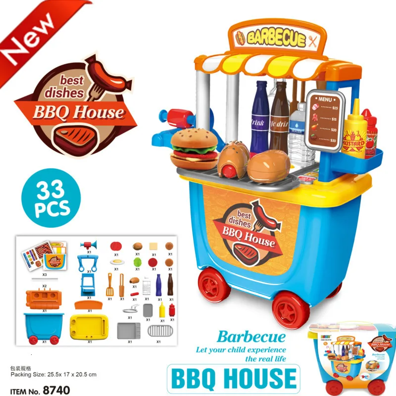 

Children's Educational Pretend Play House Toys Mini Multi-functional BBQ Trolley Barbecue Simulation Burger Hotdog Booth 33 Pcs