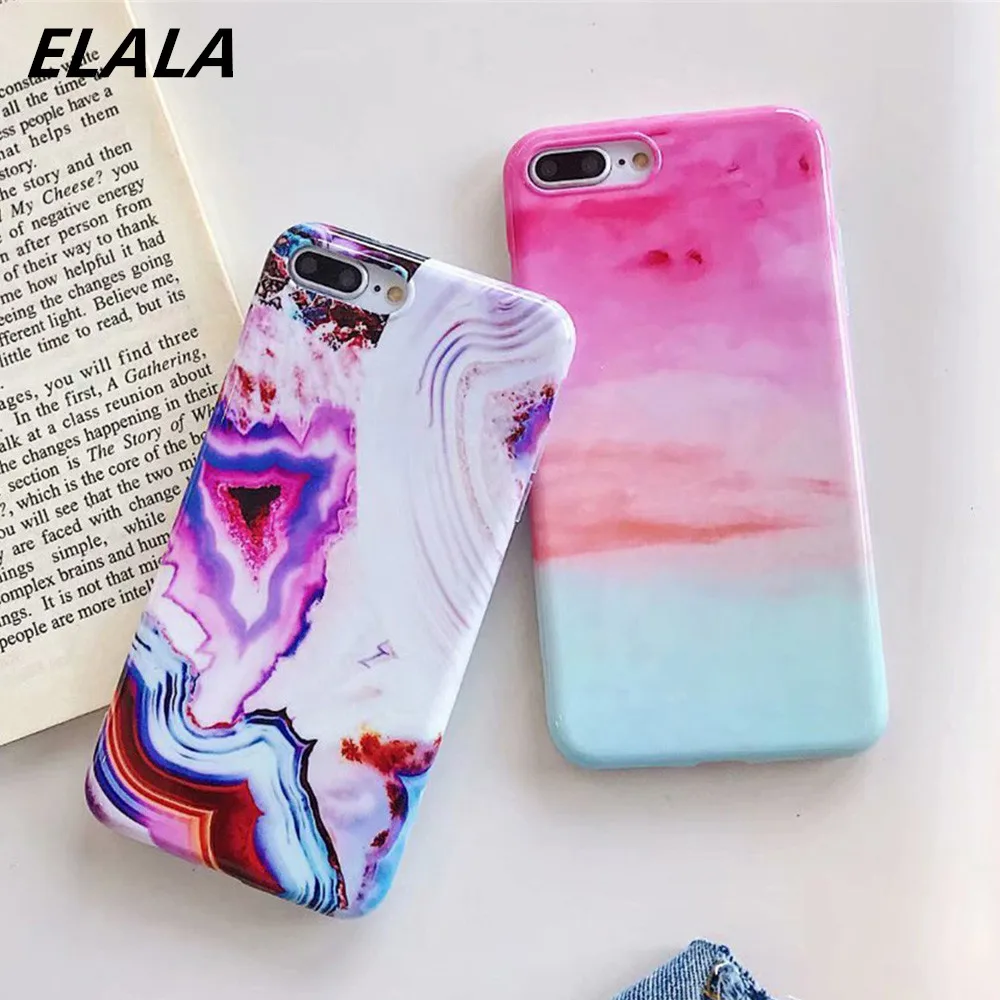 

ELALA Glossy Phone Case For iPhone 11 Pro Cover Cute Pink Marble Case For iPhone X XR XS Max 6S 7 8Plus Soft IMD Cover Girl Gift