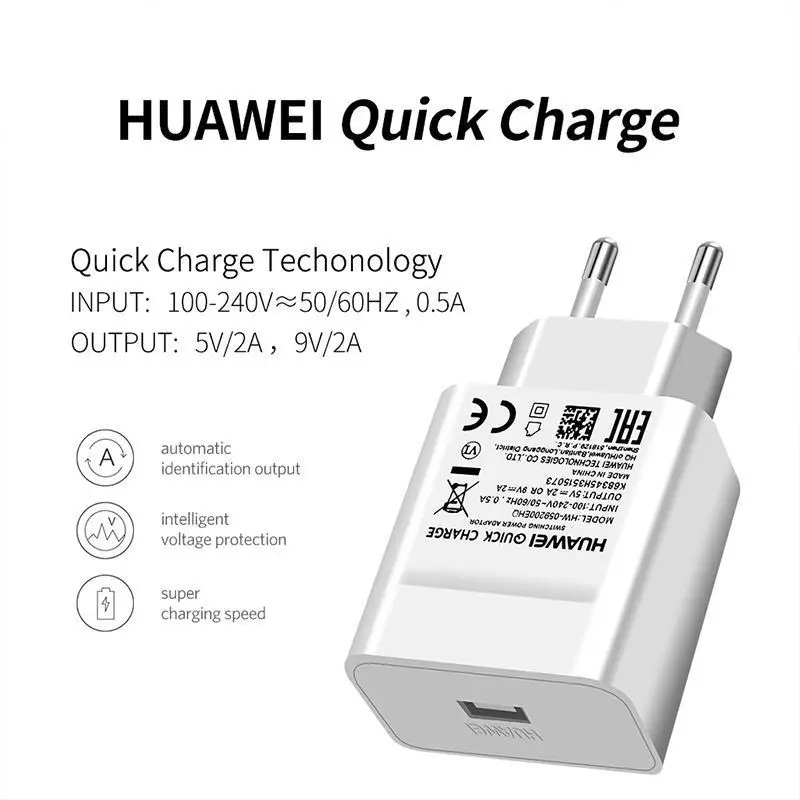 Huawei подлинное быстрое зарядное устройство 9V 2A QC 2,0 быстрое зарядное устройство адаптер ЕС USB C кабель для Mate20lite p9plus honor v9 note8 nove2plus 2 3e