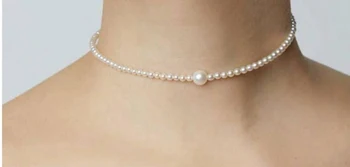 

3-4mm bright white pearl 8mm bead choker necklace gold clasp natural Freshwater PEARL Women Jewelry 17'' 43cm 35cm