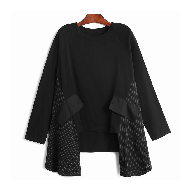 [EAM] Women Army Green Irregular Split Big Size T-shirt New Round Neck Long Sleeve  Fashion Tide  Spring Autumn 2020 1Z450
