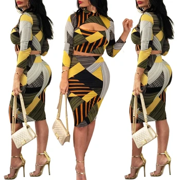 

Women's New Night Club Party Clothes Sets Suits Stripe Print Open Chest Shirts Skinny 2Pcs Sexy Shirts High Waist Skirt Ladies C