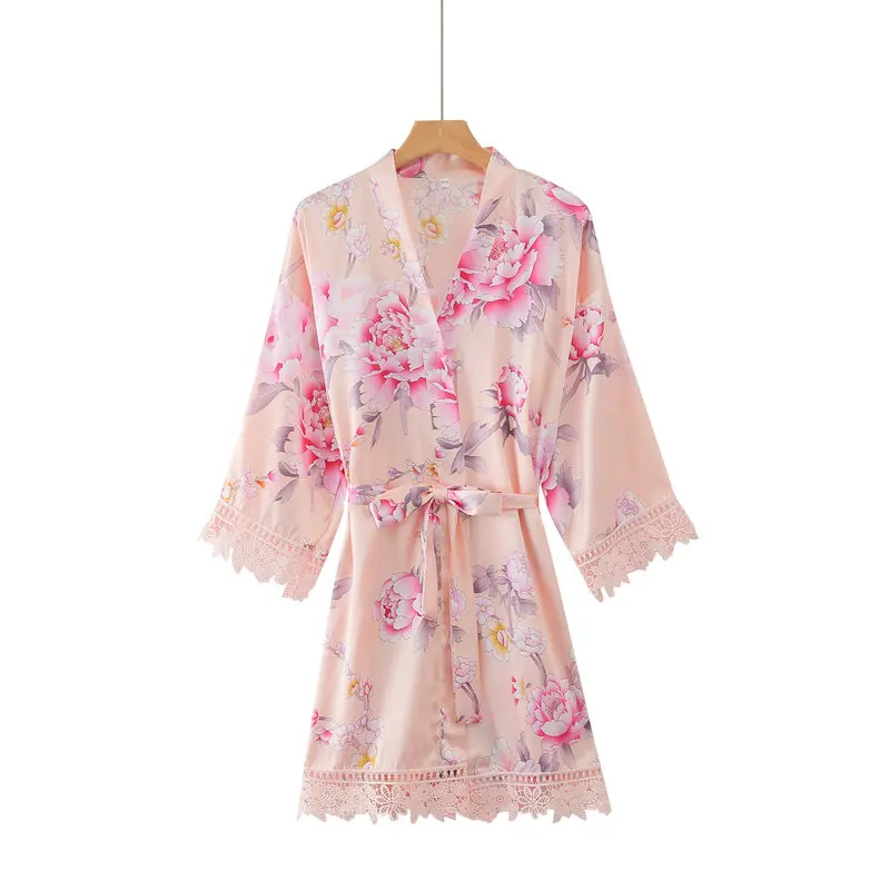 YUXINBRIDAL халаты с цветочным принтом с кружевной отделкой цветочный атласный Шелковый Свадебный невесты кимоно для невесты Халаты вечерние халат свадьба - Цвет: blush