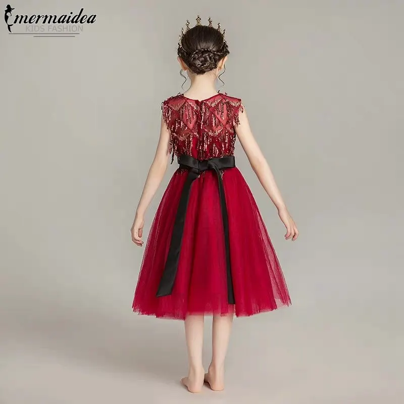 Элегантное модное платье принцессы с кисточками для маленьких детей; цвет винный, красный, золотой; платье для дня рождения, праздника, вечеринки; Детские Свадебные платья для малышей