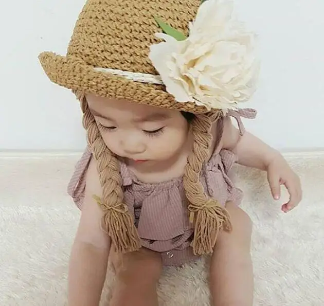 Spring Summer Baby Kids Girl Sun Block Hat Beach Hair Pigtail Braid Wig Cap Children Girls Flower Straw Hat Cap New Arrivals 6