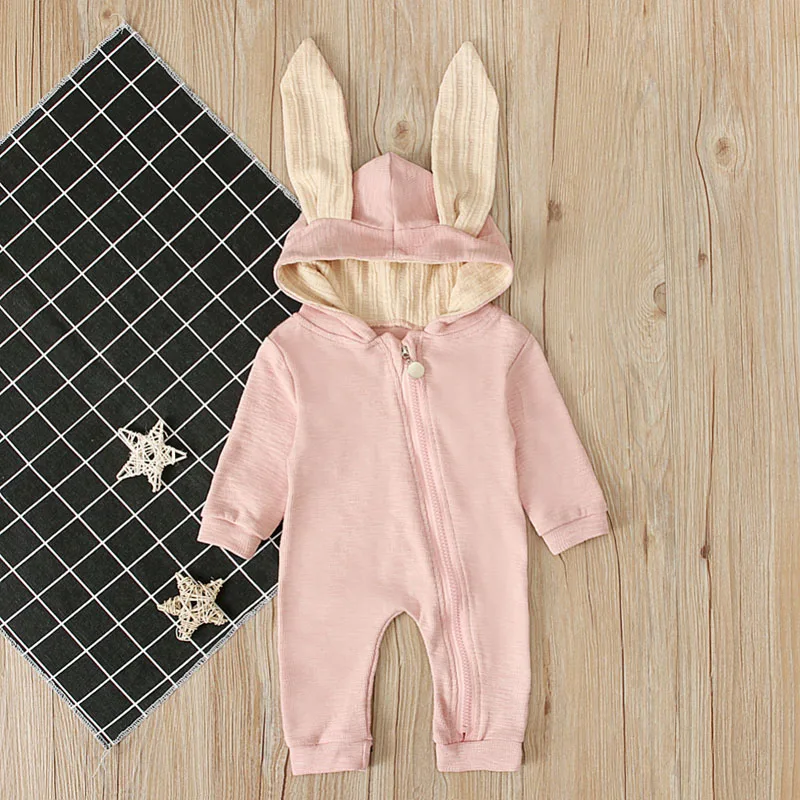 Комбинезон с кроличьими ушками для маленьких мальчиков и девочек от 0 до 24 месяцев, 4 цвета, однотонный комбинезон с капюшоном, одежда на осень