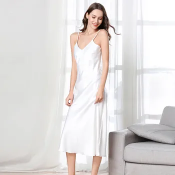 

Nightdress sexy Homewear Cute Sleepshirts Women's V Neck solid Spaghetti Straps Imitated Silk Midi Sleepwear Nightdress#G30