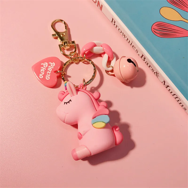 Cute Rainbow PVC Unicorn Keychain Women Creative Chain Bell Heart Key Ring Car Keyholder Bag Charms Trinket Jewelry Accessories