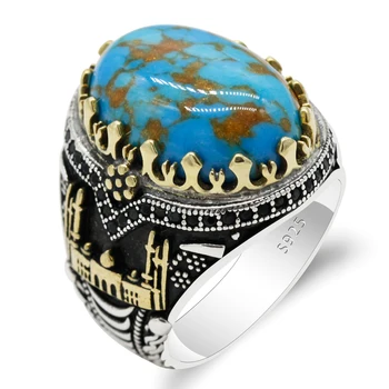 

Real 925 Sterling Silver Men Rings Natural Turquoise Stone Blue Vintage Wedding Party Ring Castle Moon Shape Turkish Jewelry