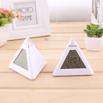 

100 PCS LED Color Changing Pyramid Digital LCD Snooze Alarm Clock Triangle Thermometer