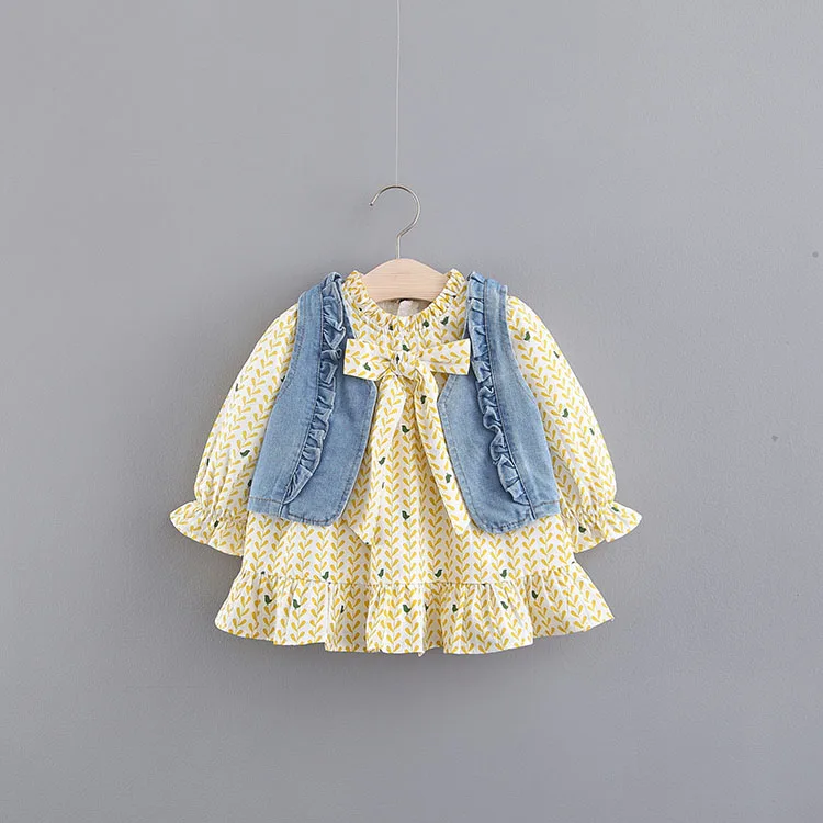 Новинка года; vestido infantil; платье для маленьких девочек ковбойские жилеты для девочек платье с длинными рукавами и принтом весеннее детское платье принцессы с бантом