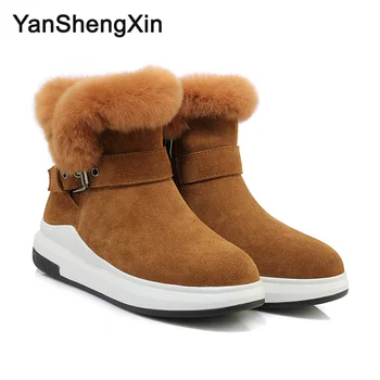 

YANSHENGXIN Shoes Woman Boots Cowskin Platform Snow Boots Warm Wool Blended Women Shoes Winter Boots Fashion Buckle Lady Booties
