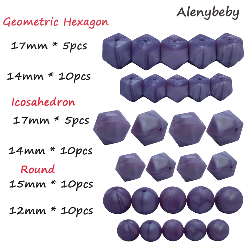 pearl purple 50pcs DIY Silicone Beads Teether Set Baby Teething Hexagon Round Icosahedron Food Grade Beads BPA Free Care Necklace Making Toy - Цвет: pearl purple
