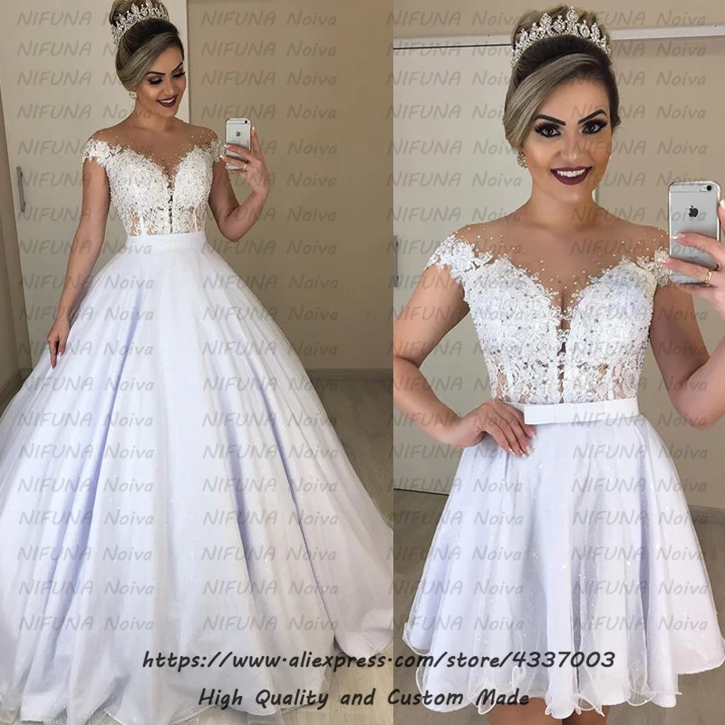 Vestido De Noiva 2 em 1 дешевые съемные поезд из двух частей свадебные платья Роскошные кружева платье с жемчужинами 2 в 1 свадебное платье