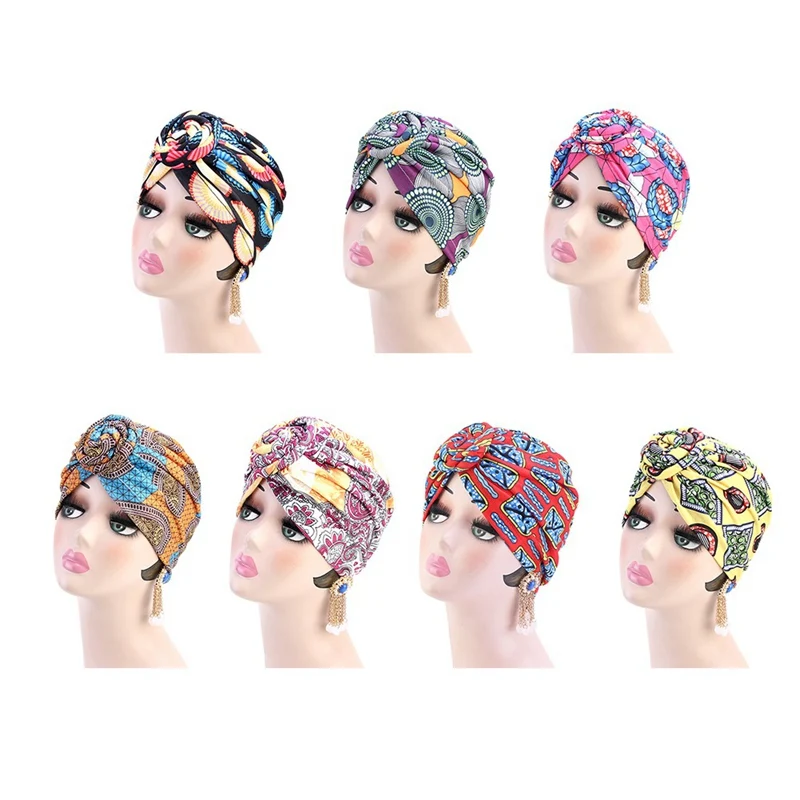Ethnic Knotted Turban Hat Stretch Chemo Cap Muslim Women Bandana Headwrap