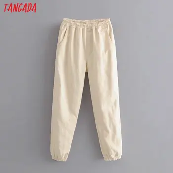 

Tangada fashion women loose beige jeans long trousers stretch waist loose streetwear female denim pants 6P19