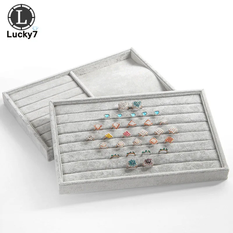 

Gray Velvet Jewelry Display Tray for Necklace Pendant Organizer Box Wooden Flat Stackable Tray Holder Storage Showcase