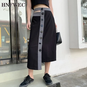 

Autumn Irregular Patchwork Skirts Women Individuality Fashion Midi Skirts Single Breasted High Waist Skirts Z430