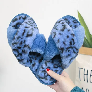 

Autumn Winter Woman Leopard Flat Slippers Plush Shoes Leopard Open Toe Female Slip On Warm Home Shoes Casual Ladies Footwear