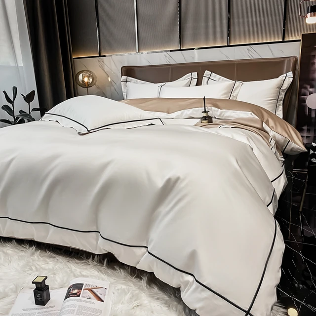 Ensembles de literie en coton égyptien blanc, housse de couette brodée, drap plat/conjié, linge de Style hôtel, Textiles de maison Queen King 1