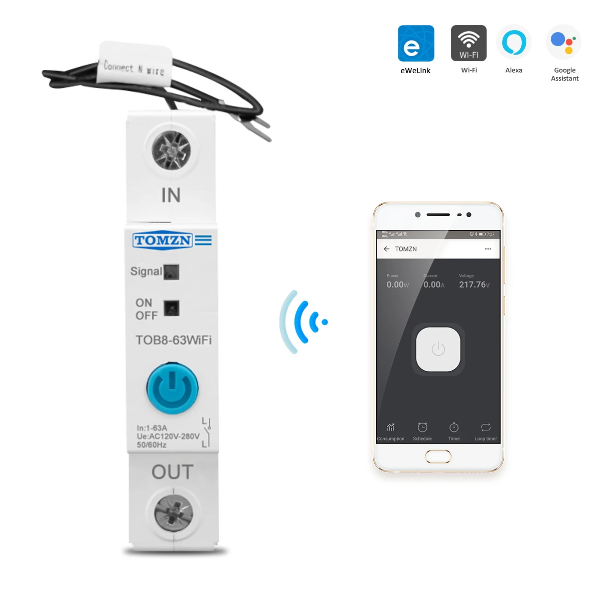 Tomzn-ewelink Monofásico Wifi Medidor de Energia Inteligente Monitoramento de Medição Kwh Disjuntor Relé Temporizador para Casa Inteligente 63a