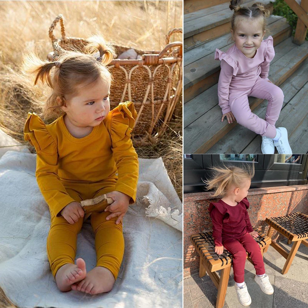 Focusnorm 0-24M Toddler Kids Baby Girl Infant Autumn Clothes Solid Cotton T-shirt Top Pants 2PCS Outfit Sets Tracksuit