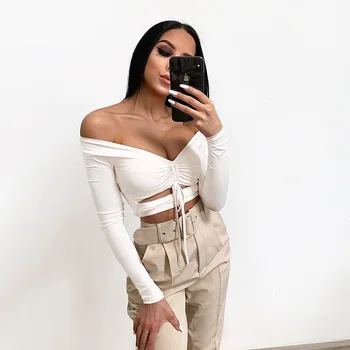 

V Neck Off Shoulder Sexy Tshirt Hollow Out Drawstring Plain White Slim Crop Top Long Sleeve T Shirt Women 2019 Autumn